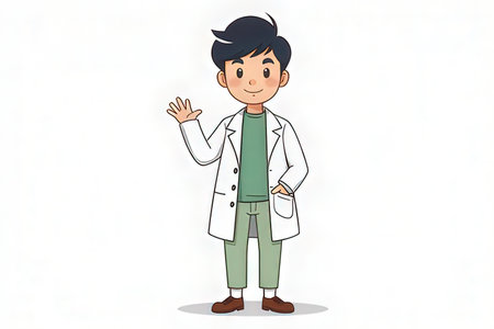 Illustration of a young male doctor in a white coat waving.の写真素材