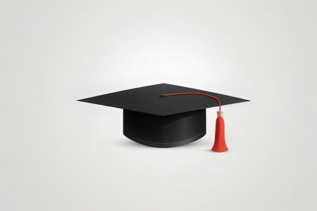 Graduation cap with red tassel on a white background.の写真素材