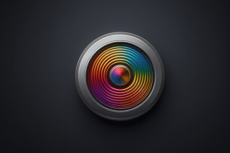 Colorful sound speaker on dark background. 3d illustration. Top view.の写真素材