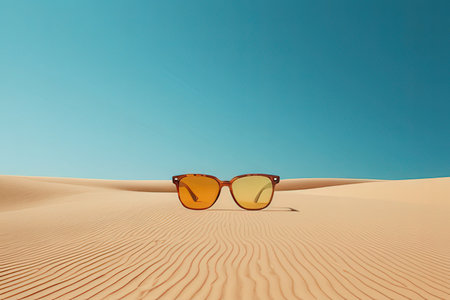 Sunglasses in the desert with sand and blue sky background.の写真素材