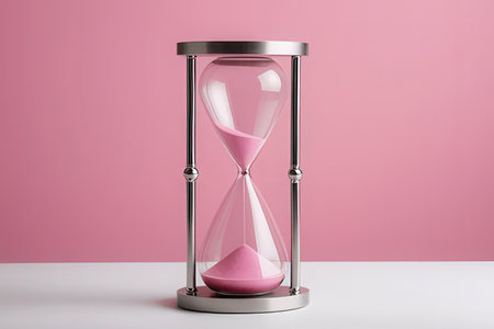 Hourglass on white table and pink background. Concept of time management