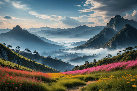 Colorful meadow and mountain at sunset, huangshan, chinaの写真素材