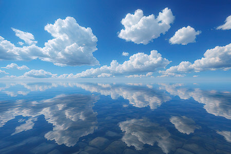 Blue sky and clouds reflected in water surface. Beautiful nature background.の写真素材