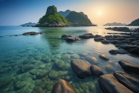 Beautiful seascape with sea and mountain at sunsetの写真素材