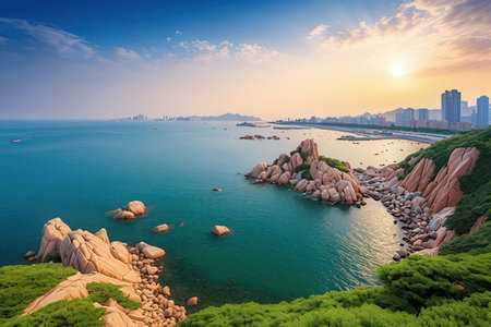 Beautiful scenery of hong kong Coastline at sunsetの写真素材