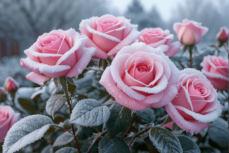 Beautiful pink roses covered with hoarfrost in the garden.の写真素材