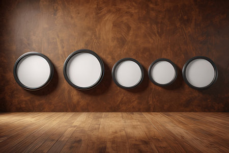 3d render of empty room with three round frames on wooden wall