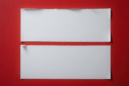 Two white sheets of paper on a red background. Copy space.の写真素材