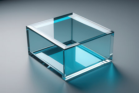 3d illustration of blue glass cube with reflection on gray background.