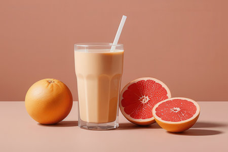 Glass of grapefruit smoothie and ripe grapefruits on color backgroundの写真素材