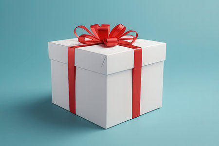 White gift box with red ribbon on blue background. 3d render