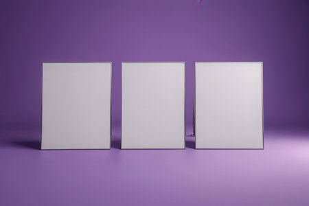 3D Rendering of three blank white boxes on purple background.の写真素材