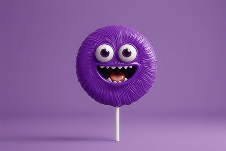 Purple lollipop with funny face on purple background. 3d illustrationの写真素材