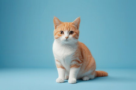 Cute ginger cat sitting on blue background with copy space. Studio shot.