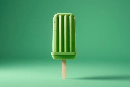 Green ice cream on a stick on a green background. Minimal concept.の写真素材