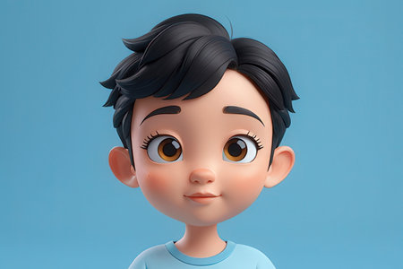 3d rendering of a boy with black hair and blue t-shirt