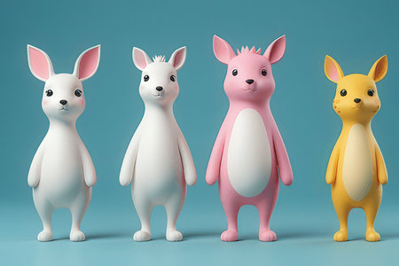 3d render of easter bunny in different poses on blue background