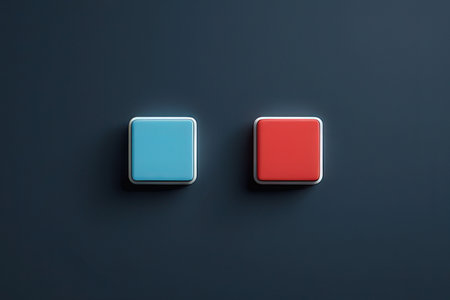 3D rendering of two blue and red buttons on a black backgroundの写真素材