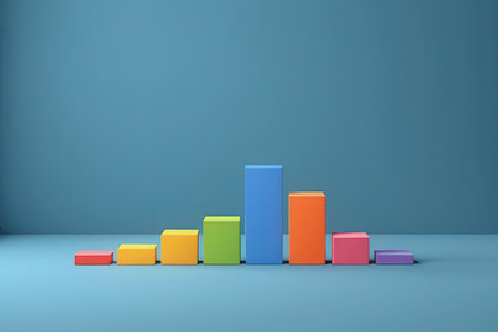 3d render of colorful bar chart on blue wall background. Business growth concept.