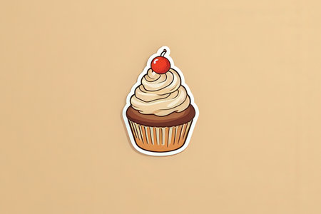 Illustration of a cupcake with cherries on a beige backgroundの写真素材