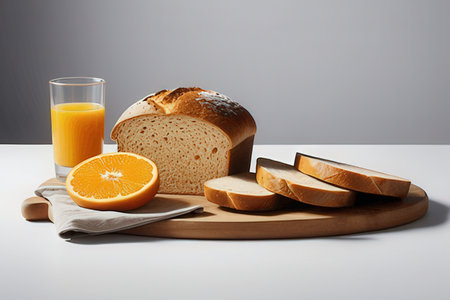 Composition with sliced bread and glass of orange juice on white table