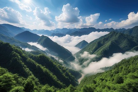 Mountain landscape with fog and clouds in the morning, China.の写真素材