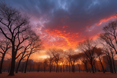 Trees in the park with beautiful sky at sunset,3d render