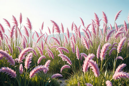 pink flower grass on blue sky background in the morning light.の写真素材