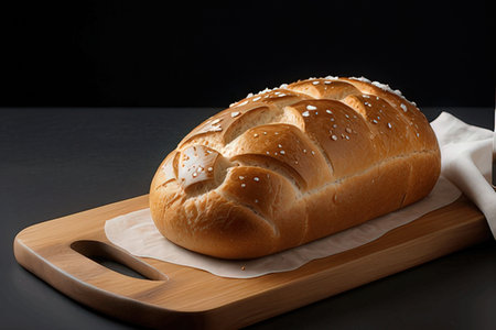 loaf of bread on a wooden cutting board on a black background