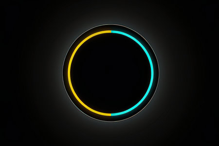 3d rendering of a circular button with blue and yellow neon lights