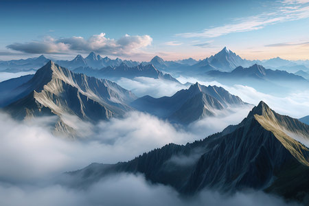Mountain landscape in the clouds. Panoramic view of the mountains.