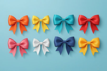 Set of colorful bows isolated on blue background. 3d illustration.