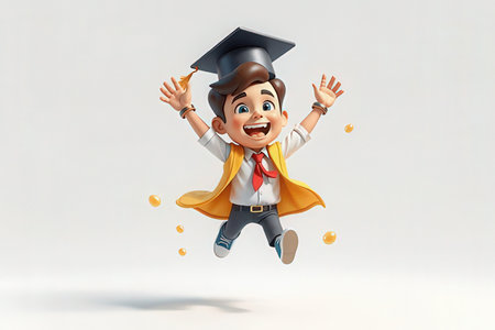 3D illustration of a boy in a graduation cap and cloak jumpingの写真素材