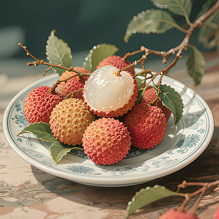 Ripe lychees with leaves on a plate on a wooden tableの写真素材