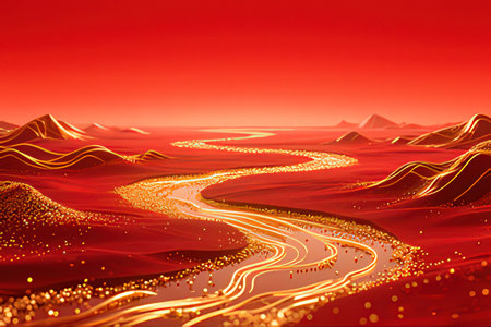 Abstract 3d illustration of a mountain landscape with a winding river.