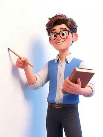 3D illustration of a young man holding a book and a pencilの写真素材