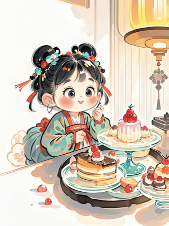 Illustration of a little girl in a kimono eating cakeの写真素材