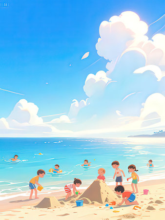 Children playing on the beach. Summer vacation concept. Vector illustration.の写真素材