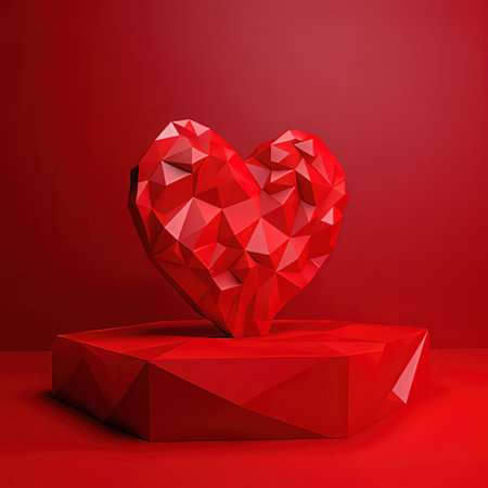 Red polygonal heart on a red background. 3d illustrationの写真素材