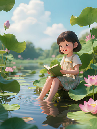 Little Asian girl reading a book in a pond with lotus flowersの写真素材