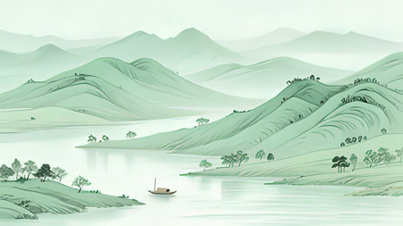 Landscape with mountains and boats. Digital painting. Vector illustration.の写真素材