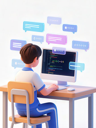 Young man sitting at desk and looking at computer screen with speech bubblesの写真素材