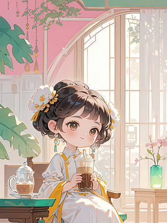 Cute little girl drinking coffee in a cafe. Vector illustration.の写真素材