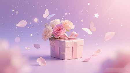 Gift box with flowers and butterflies in pastel colors. 3d renderingの写真素材