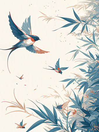 Swallow flying in the sky among the leaves and flowers. Vector illustration.の写真素材