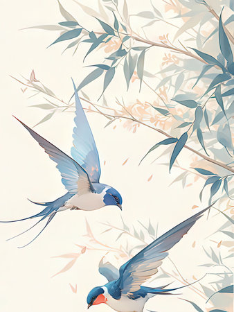 Vector illustration of swallows flying over eucalyptus branchesの写真素材