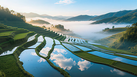 Rice terraces in the morning. Longji Rice Terraces are one of the most beautiful rice terraces in the world.の写真素材