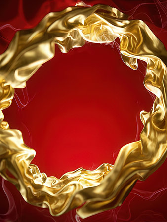 Golden wavy liquid on a red background. 3d rendering, 3d illustration.の写真素材