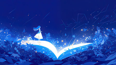 Open book in the sea with starry sky background. Vector illustration.の写真素材