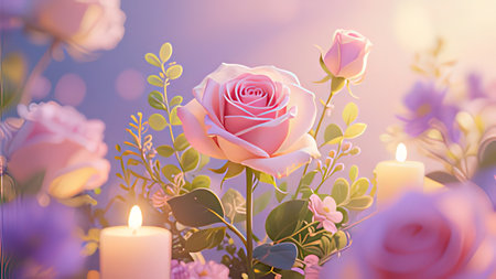 Romantic background with roses, candles and flowers. 3d illustrationの写真素材